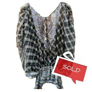 Boho Blue Paisley Plaid Sheer Vneck Top Blouse